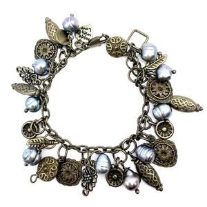 Handmade Antique Brass Blue Freshwater Pearl Charm Bracelet Celtic Style 6 1/2"